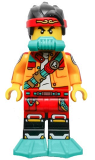 LEGO mk065 Monkie Kid - Bright Light Orange Open Jacket with Shoulder Strap, Dark Turquoise Scuba Breathing Regulator and Flippers, Frown